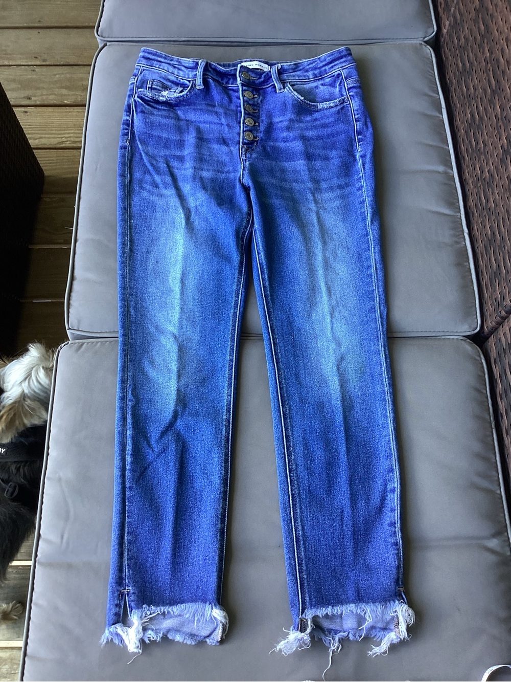 Flying Monkey Blue High-Rise Button-Fly Frayed Hem Jeans